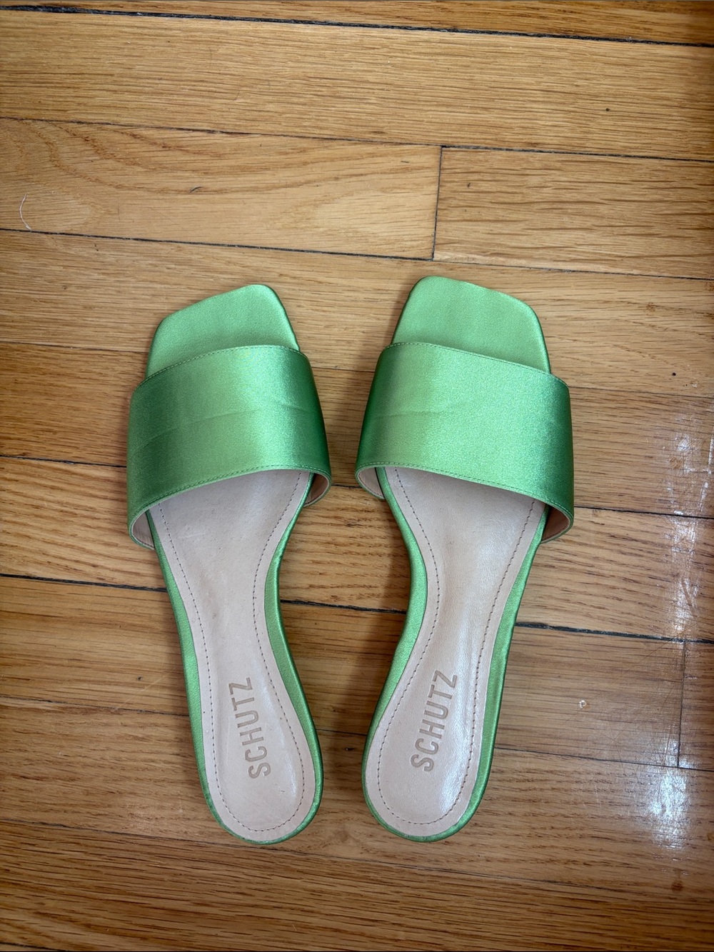 Schutz Green Satin Avery Sandals